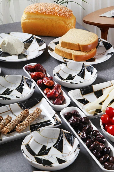 14 Parça 6 Kişilik Handmade Mermer Desen Kahvaltı Takımı - Lüx Kahvaltılık Sunum Seti - Resim 3