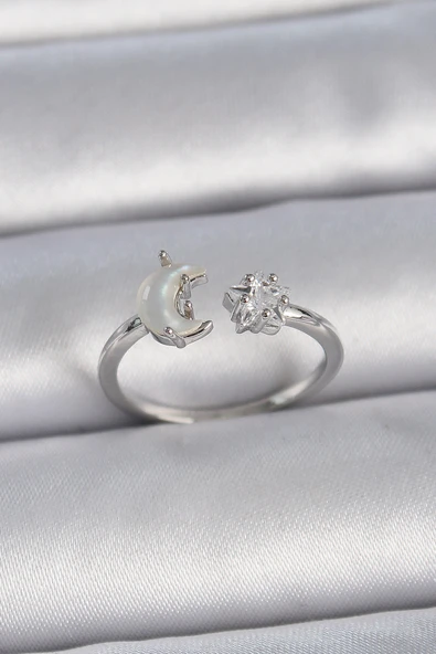 Pirinç Gümüş Renk İncili Hilal Zirkon Taşlı Yıldız Ayarlanabilir Kadın Yüzük ürün görseli 1