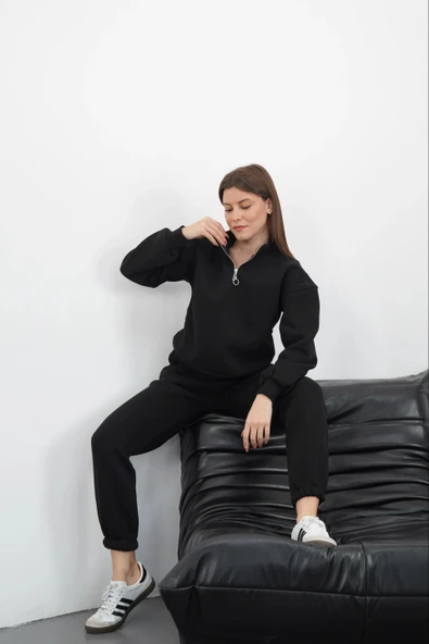 BİÇOMİ 3 iplik içi Şardonlu yarım fermuarlı alt üst takım siyah - Resim 3