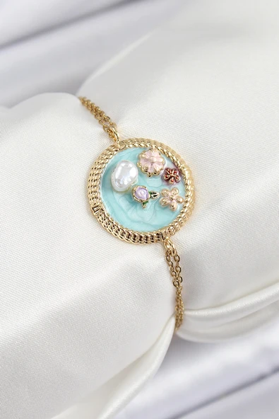 316L Çelik Zincir Turkuaz Mineli Sanatsal Portre İnci Detaylı Çiçek Model Gold Renk Kadın Bileklik ürün görseli 1