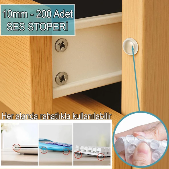 200’lü 10Mm Yapışkanlı Şeffaf Silikon Ses Stoperi Dolap Çekmece Tamponu Koruyucu ürün görseli 1