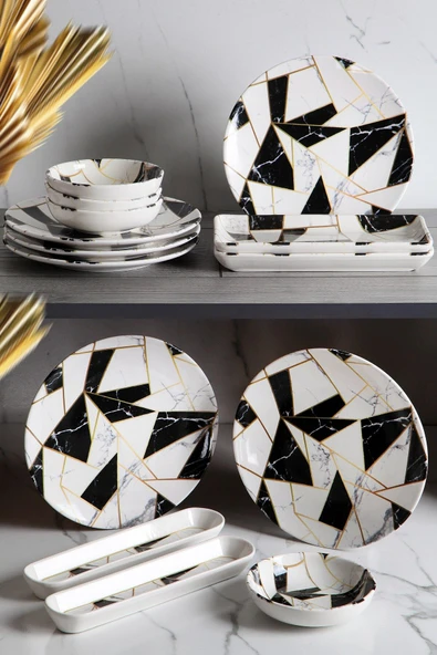 14 Parça 6 Kişilik Handmade Mermer Desen Kahvaltı Takımı - Lüx Kahvaltılık Sunum Seti - Resim 2