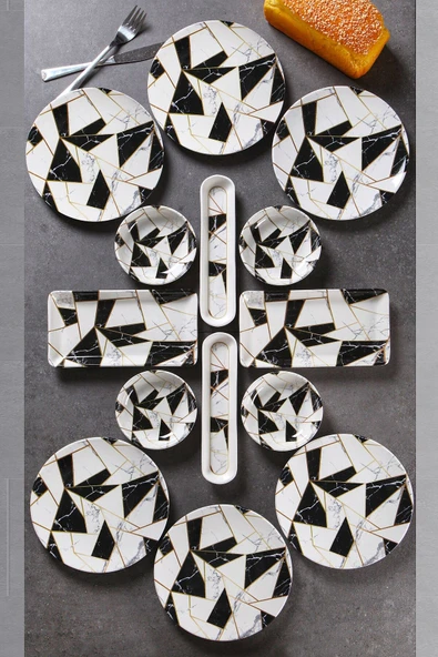 14 Parça 6 Kişilik Handmade Mermer Desen Kahvaltı Takımı - Lüx Kahvaltılık Sunum Seti - Resim 4