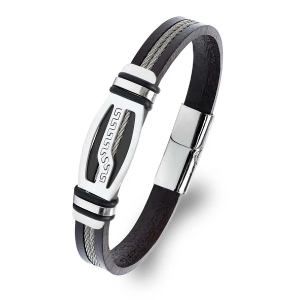 Deri Kordonlu Çelik Halat Erkek Bileklik 31834B17D6 ürün görseli 1