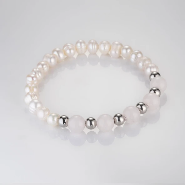 MK TASARIM Gerçek İnci Pembe Kuvars Taşı Bileklik MKT.5.10001.1 - Resim 2