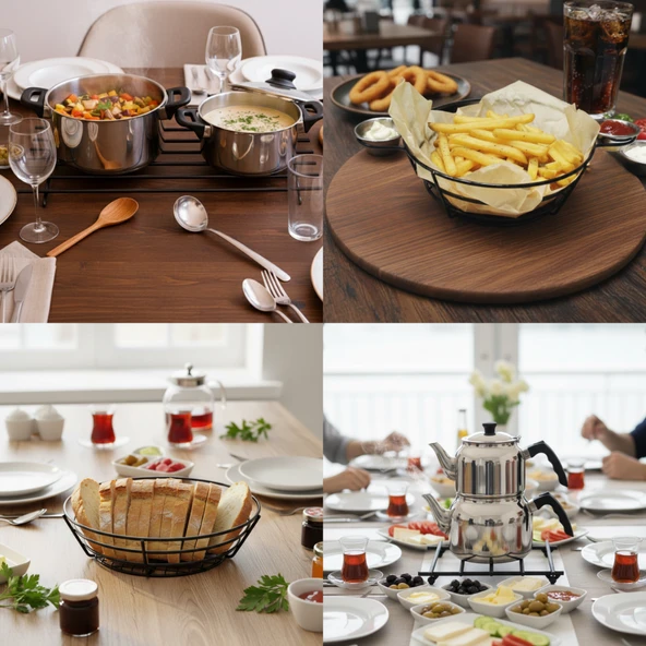 DÖRTLÜ METAL SUNUM VE NİHALE SETİ  BÜYÜK NİHALE, SOSLUKLU  SUNUMLUK, EKMEK-MEYVE SEPETİ, KÜÇÜK NİHALE - Resim 3