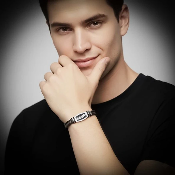 Deri Kordonlu Çelik Halat Erkek Bileklik 31834B17D6 - Resim 2