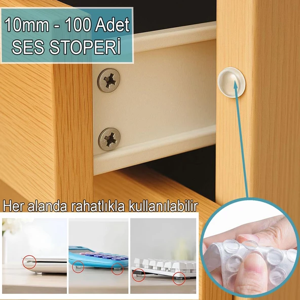 100’lü 10Mm Yapışkanlı Şeffaf Silikon Ses Stoperi Dolap Çekmece Tamponu Koruyucu ürün görseli 1