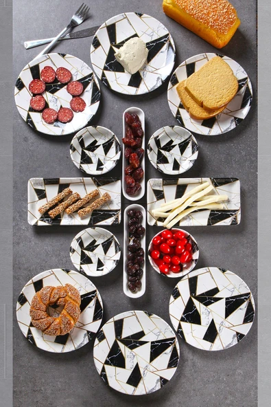 14 Parça 6 Kişilik Handmade Mermer Desen Kahvaltı Takımı - Lüx Kahvaltılık Sunum Seti ürün görseli 1