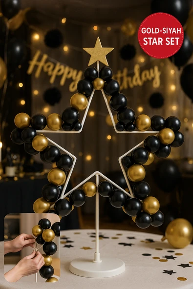 Gold Siyah Yıldızlı Balon Standı | Masa Üstü Parti Süsü | Doğum Günü Masa Dekoru Seti ürün görseli 1