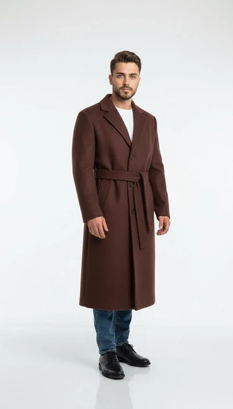 Erkek Kaşe Uzun Palto – Kışlık, Kuşaklı, Şık Modern Tasarım ürün görseli