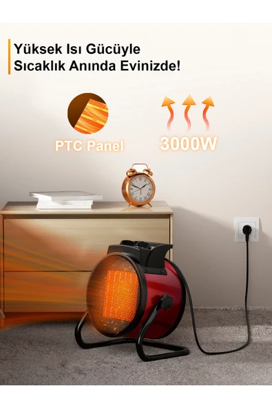 Elektrikli Isıtıcı Fan 3000W Hızlı Isınma, 3 Kademeli Ayar, Sessiz PTC Isıtma - Resim 8