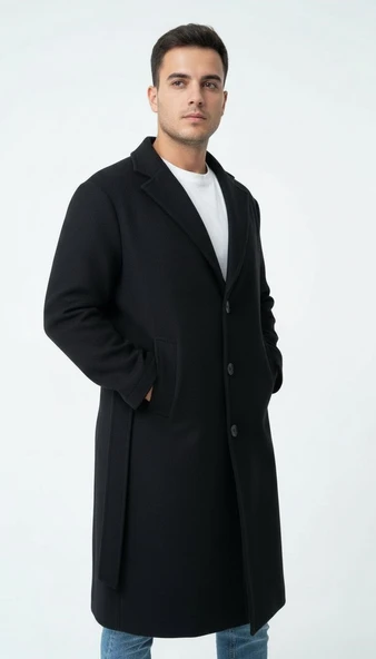 Erkek Kaşe Uzun Palto – Kışlık, Kuşaklı, Şık Modern Tasarım - Resim 11