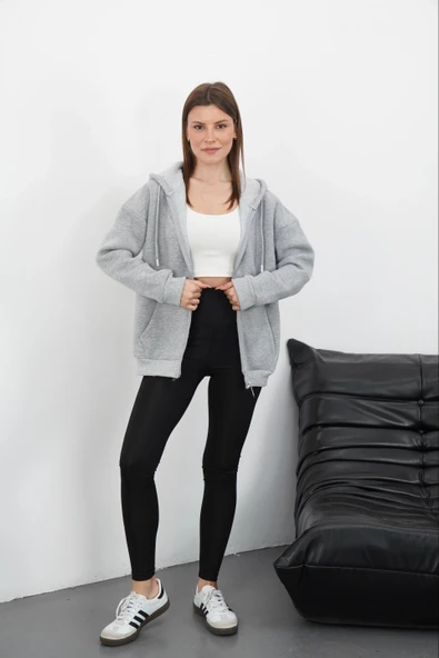 3 iplik şardonlu fermuarlı kapşonlu hırka gri - Resim 5