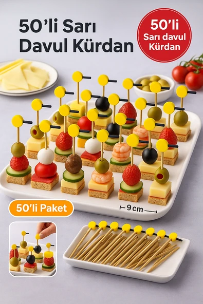 50’li Sarı Davul Kürdan 12 cm – Parti, Sunum, Kanape, Kokteyl ve Peynir Tabağı İçin Dekoratif Kürdan ürün görseli 1