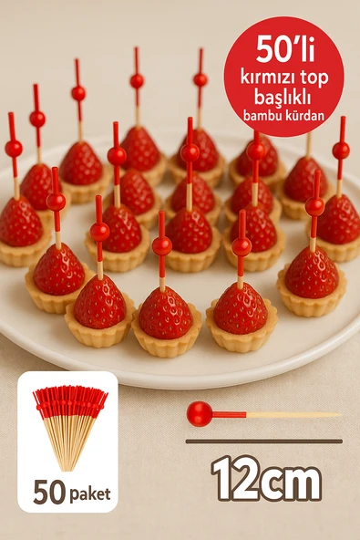 50’li Kırmızı Top Başlıklı Bambu Kürdan – Tatlı, Kanape ve Kokteyl Sunum Kürdanı - Resim 5