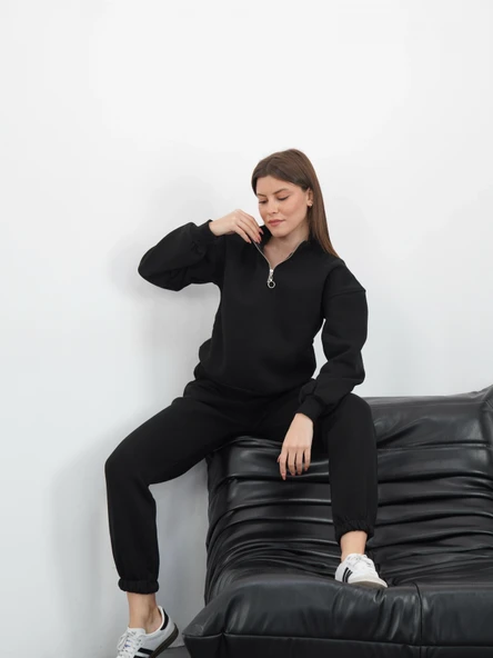 3 iplik içi Şardonlu yarım fermuarlı alt üst takım siyah - Resim 2