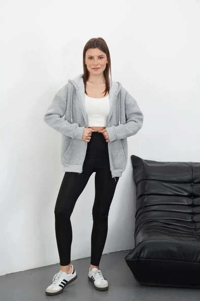 3 iplik şardonlu fermuarlı kapşonlu hırka gri - Resim 2