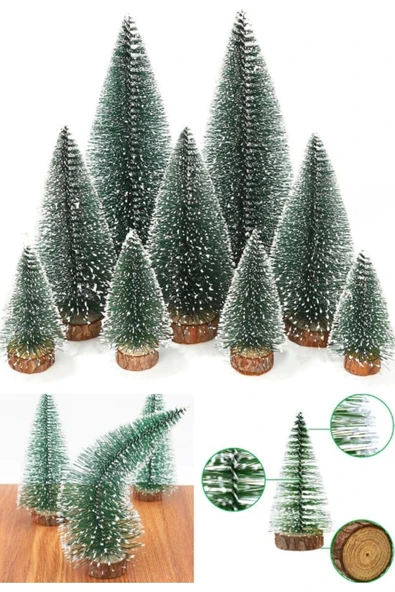 Yeni Yıl Dekoru Kar Efektli 9 Adet Yılbaşı Mini Çam Ağaçları Seti Doğal Ahşap Tabanlı 8 - 12 - 15 CM ürün görseli 1