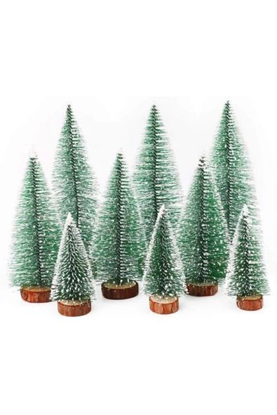Yeni Yıl Dekoru Kar Efektli 9 Adet Yılbaşı Mini Çam Ağaçları Seti Doğal Ahşap Tabanlı 8 - 12 - 15 CM - Resim 2