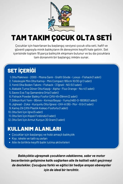 Tam Takım Çocuk Olta Seti - 165cm Kamış 10-30GR / 20'lik Makine - Resim 3