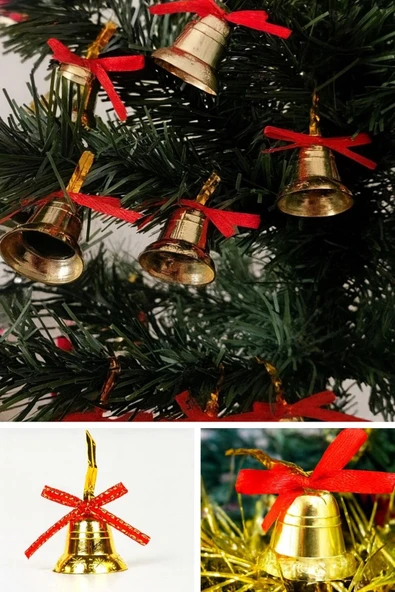 3 lü Yılbaşı Seti 12'li Çam Ağacı Çan 12’li Gold Yılbaşı Ç.Ağacı Topu 12'li Mini Hediye Paketi Süsü - Resim 5