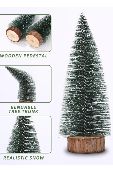 Yeni Yıl Dekoru Kar Efektli 9 Adet Yılbaşı Mini Çam Ağaçları Seti Doğal Ahşap Tabanlı 8 - 12 - 15 CM - Resim 6