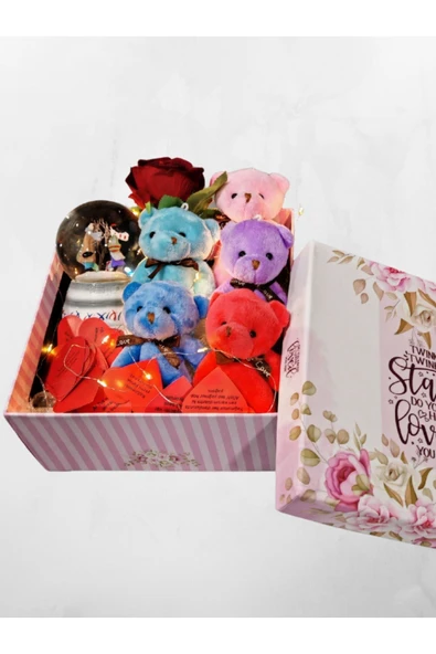 Romantik Hediye Kutusu Işıklı Kalpli Mesajlı Kar Küresi ve Peluş Ayıcıklarla Dolu Sevgiliye Hediye - Resim 5