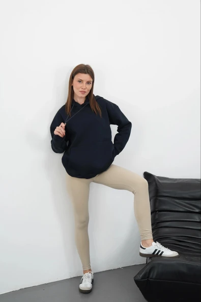 3 iplik şardonlu kapşonlu swetshirt lacivert md63 - Resim 4