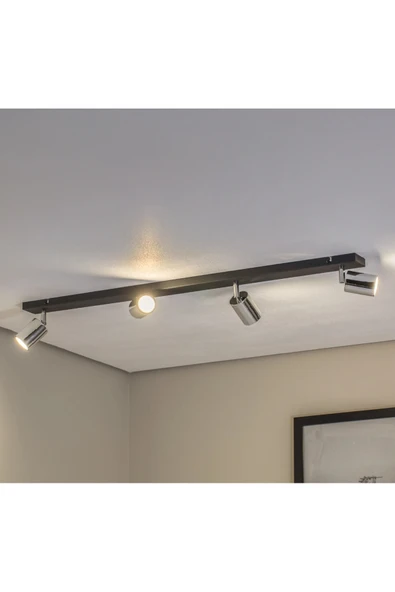 GU10 Dörtlü 4’lü Siyah Gövde Krom Başlıklı Hareketli Tasarruflu LED Tavan Spot Avize ürün görseli 1