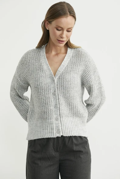 Payet Detaylı Yünlü Triko Hırka - Gri - Resim 2