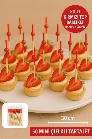 50’li Kırmızı Top Başlıklı Bambu Kürdan – Tatlı, Kanape ve Kokteyl Sunum Kürdanı - Resim 3