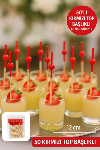 50’li Kırmızı Top Başlıklı Bambu Kürdan – Tatlı, Kanape ve Kokteyl Sunum Kürdanı - Resim 4