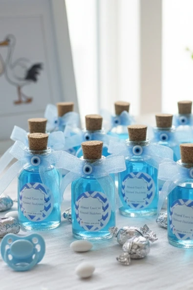 25 Adet Kurdela Nazar Boncuklu Hediyelik Kolonya Şişesi, Nikah Şekeri, Bebek Şekeri - Mavi ürün görseli 1