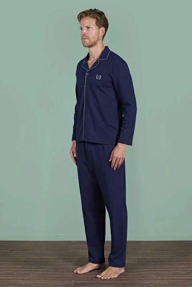 Gd Goldoremi 1937 Büyük Beden Erkek Gömlek Yaka Önden Düğmeli Uzun Kollu Pijama Takım - Resim 2