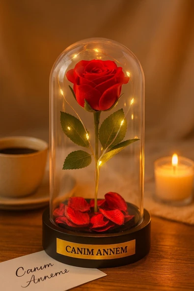 Annelere Özel Dekoratif Hediye Mika Fanus İçinde Canım Annem Yazılı Led Işıklı Yapay Kırmız Gül 20CM ürün görseli 1
