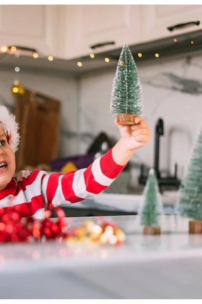 Yeni Yıl Dekoru Kar Efektli 9 Adet Yılbaşı Mini Çam Ağaçları Seti Doğal Ahşap Tabanlı 8 - 12 - 15 CM - Resim 5