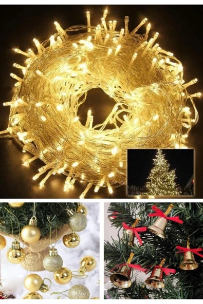 Özel 3 lü Yılbaşı Seti 12’li Gold Yılbaşı Ağacı Topu 12 Adet Çam Ağacı Çanı 10 Metre Peri Led Işık ürün görseli 1