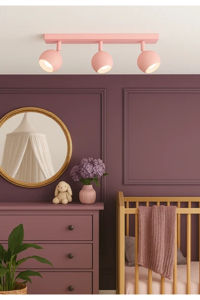 3lü üçlü Pembe Gövde Küre Hareketli Başlık GU10 Tasarruflu Led Tavan Spot Avize Çocuk Bebek Odası ürün görseli 1