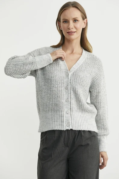 Payet Detaylı Yünlü Triko Hırka - Gri - Resim 3