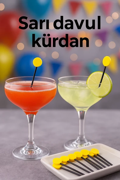 50’li Sarı Davul Kürdan 12 cm – Parti, Sunum, Kanape, Kokteyl ve Peynir Tabağı İçin Dekoratif Kürdan - Resim 4