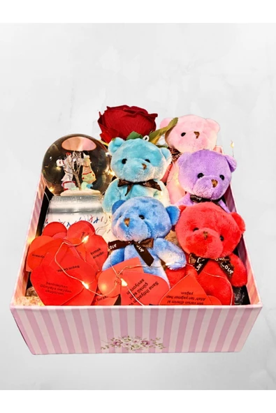 Romantik Hediye Kutusu Işıklı Kalpli Mesajlı Kar Küresi ve Peluş Ayıcıklarla Dolu Sevgiliye Hediye - Resim 2