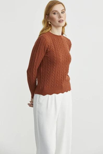 Dilimli Saç Örgülü Triko Kazak - Kiremit - Resim 3