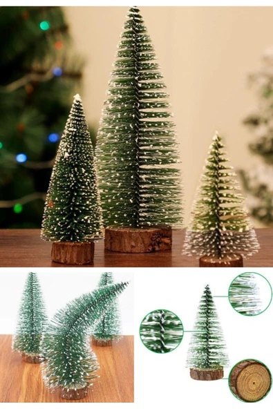 Yeni Yıl Dekoru Kar Efektli 9 Adet Yılbaşı Mini Çam Ağaçları Seti Doğal Ahşap Tabanlı 8 - 12 - 15 CM - Resim 3