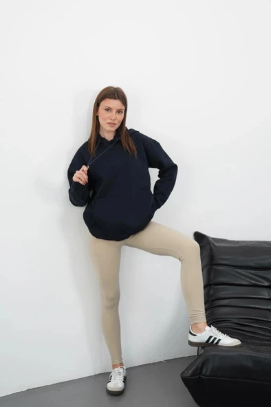 3 iplik şardonlu kapşonlu swetshirt lacivert md63 - Resim 2