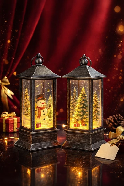 Yeni Yıl Noel Temalı 2 Li Set Işıklı Yılbaşı Feneri Kardan Adam Çam Ağacı Figürlü Fener Gri Set 14cm ürün görseli 1