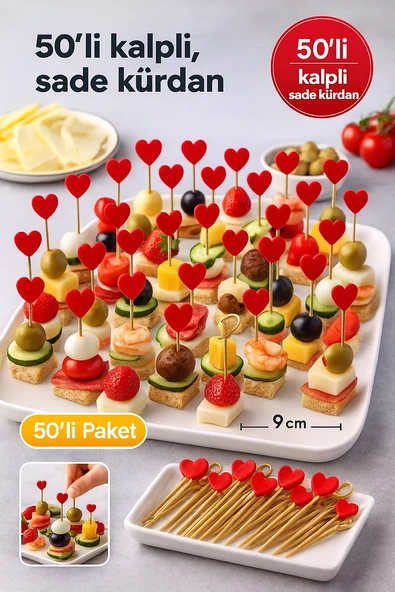 50’li Davul Kırmızı Kalpli Sunum Kürdanı 12 cm – Parti, Kokteyl, Kanepe ve Tatlı Süsleme ürün görseli 1