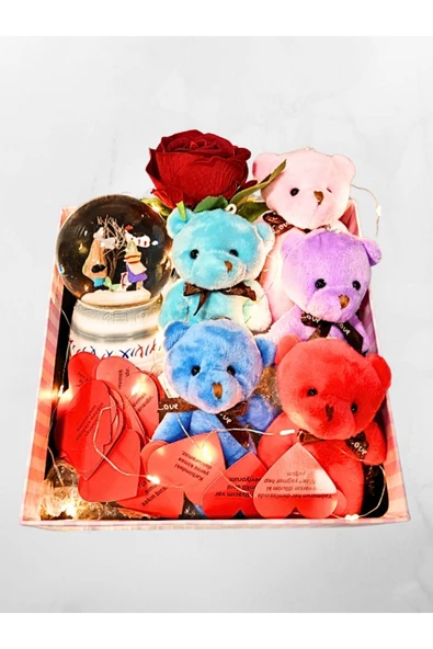 Romantik Hediye Kutusu Işıklı Kalpli Mesajlı Kar Küresi ve Peluş Ayıcıklarla Dolu Sevgiliye Hediye - Resim 4