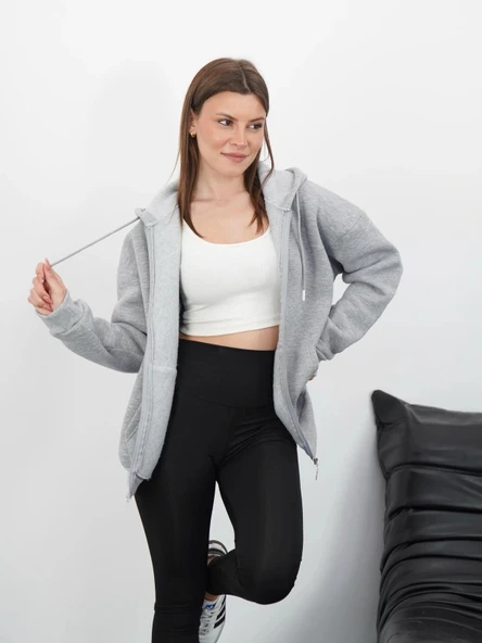 3 iplik şardonlu fermuarlı kapşonlu hırka gri - Resim 3