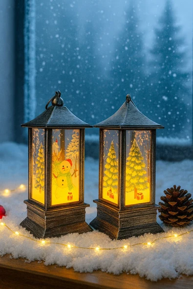 Yeni Yıl Noel Temalı 2 Li Set Işıklı Yılbaşı Feneri Kardan Adam Çam Ağacı Figürlü Fener Gri Set 14cm - Resim 2